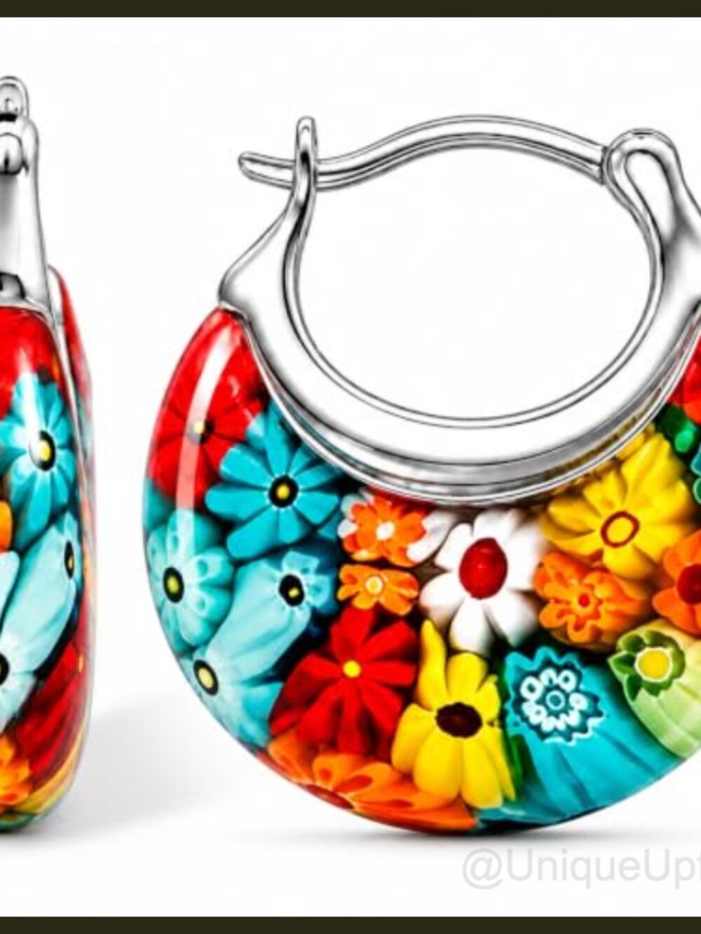 Murano Style Millefiori Glass Hoop Earrings Stainless Steel Women